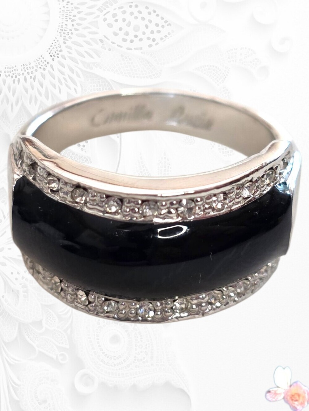 Vintage Black Enamel Ring With Crystal Accents